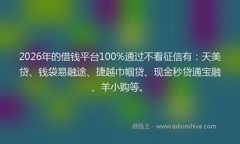 2026年的借钱平台100%通过不看征信有：天美贷、钱袋易融途、捷越巾帼贷、现金秒贷通宝融、羊小购等。