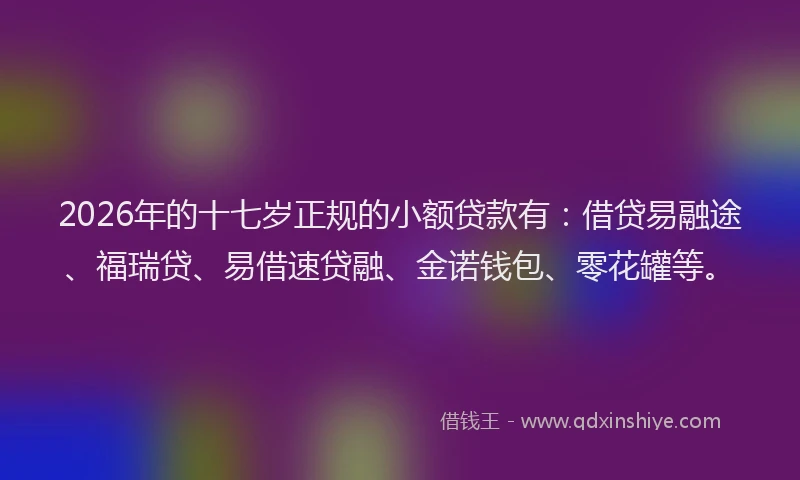 2026年的十七岁正规的小额贷款有：借贷易融途、福瑞贷、易借速贷融、金诺钱包、零花罐等。