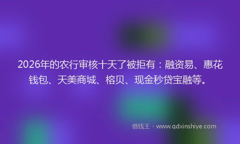 2026年的农行审核十天了被拒有：融资易、惠花钱包、天美商城、榕贝、现金秒贷宝融等。