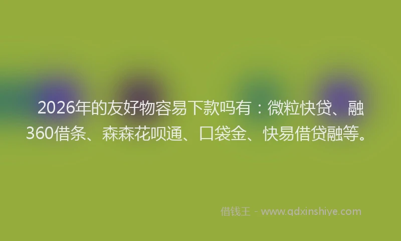 2026年的友好物容易下款吗有：微粒快贷、融360借条、森森花呗通、口袋金、快易借贷融等。
