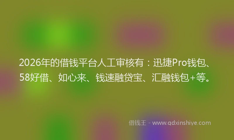 2026年的借钱平台人工审核有：迅捷Pro钱包、58好借、如心来、钱速融贷宝、汇融钱包+等。