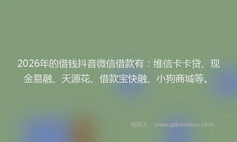 2026年的借钱抖音微信借款有：维信卡卡贷、现金易融、天源花、借款宝快融、小狗商城等。