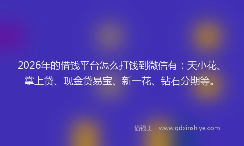 2026年的借钱平台怎么打钱到微信有：天小花、掌上贷、现金贷易宝、新一花、钻石分期等。
