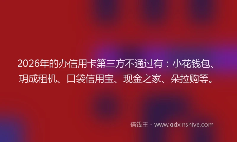 2026年的办信用卡第三方不通过有：小花钱包、玥成租机、口袋信用宝、现金之家、朵拉购等。