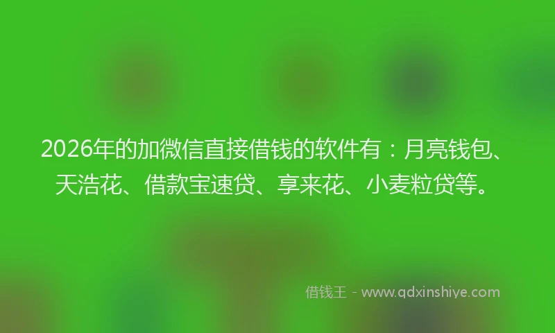 2026年的加微信直接借钱的软件有：月亮钱包、天浩花、借款宝速贷、享来花、小麦粒贷等。