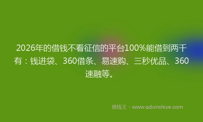 2026年的借钱不看征信的平台100%能借到两千有：钱进袋、360借条、易速购、三秒优品、360速融等。