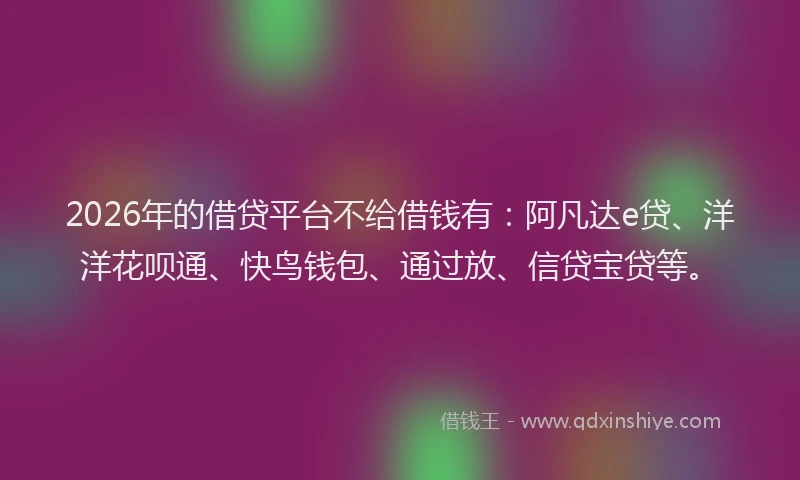 2026年的借贷平台不给借钱有：阿凡达e贷、洋洋花呗通、快鸟钱包、通过放、信贷宝贷等。