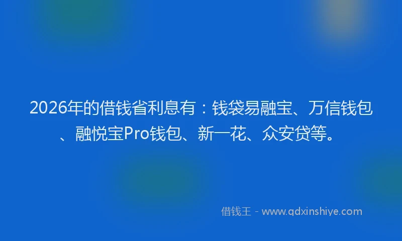 2026年的借钱省利息有：钱袋易融宝、万信钱包、融悦宝Pro钱包、新一花、众安贷等。