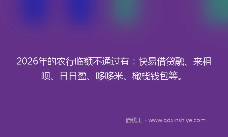 2026年的农行临额不通过有：快易借贷融、来租呗、日日盈、哆哆米、橄榄钱包等。