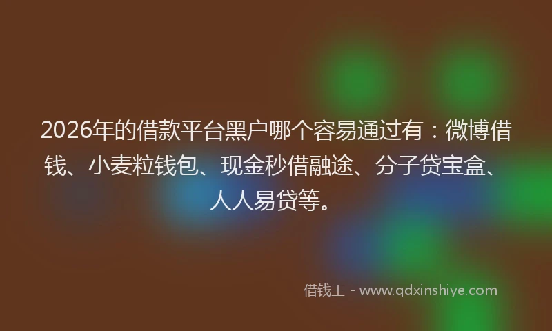 2026年的借款平台黑户哪个容易通过有：微博借钱、小麦粒钱包、现金秒借融途、分子贷宝盒、人人易贷等。