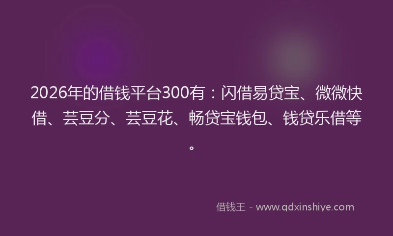 2026年的借钱平台300有：闪借易贷宝、微微快借、芸豆分、芸豆花、畅贷宝钱包、钱贷乐借等。
