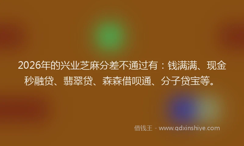 2026年的兴业芝麻分差不通过有：钱满满、现金秒融贷、翡翠贷、森森借呗通、分子贷宝等。