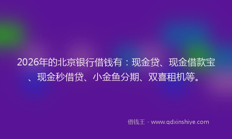 2026年的北京银行借钱有：现金贷、现金借款宝、现金秒借贷、小金鱼分期、双喜租机等。