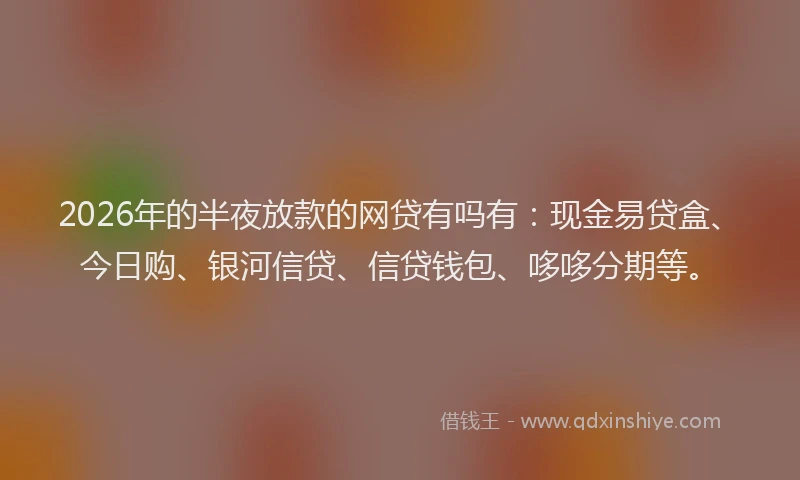 2026年的半夜放款的网贷有吗有：现金易贷盒、今日购、银河信贷、信贷钱包、哆哆分期等。