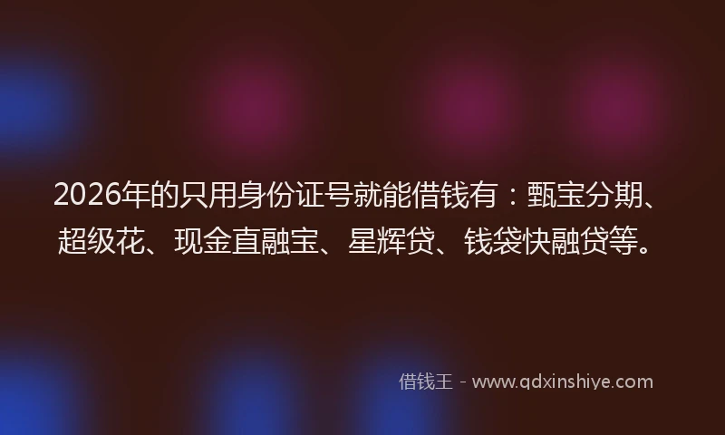 2026年的只用身份证号就能借钱有：甄宝分期、超级花、现金直融宝、星辉贷、钱袋快融贷等。