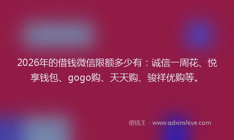 2026年的借钱微信限额多少有：诚信一周花、悦享钱包、gogo购、天天购、骏祥优购等。