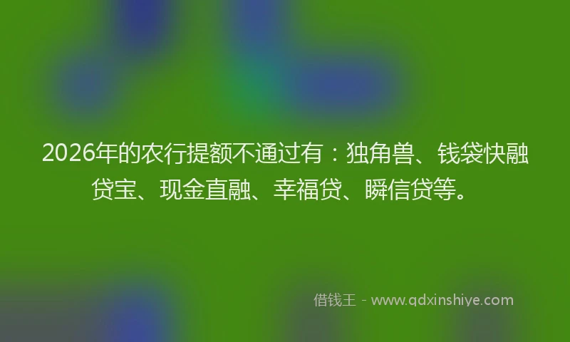 2026年的农行提额不通过有：独角兽、钱袋快融贷宝、现金直融、幸福贷、瞬信贷等。