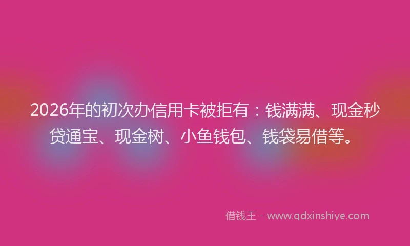 2026年的初次办信用卡被拒有：钱满满、现金秒贷通宝、现金树、小鱼钱包、钱袋易借等。