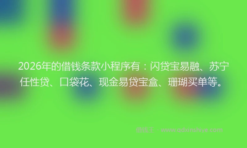 2026年的借钱条款小程序有：闪贷宝易融、苏宁任性贷、口袋花、现金易贷宝盒、珊瑚买单等。
