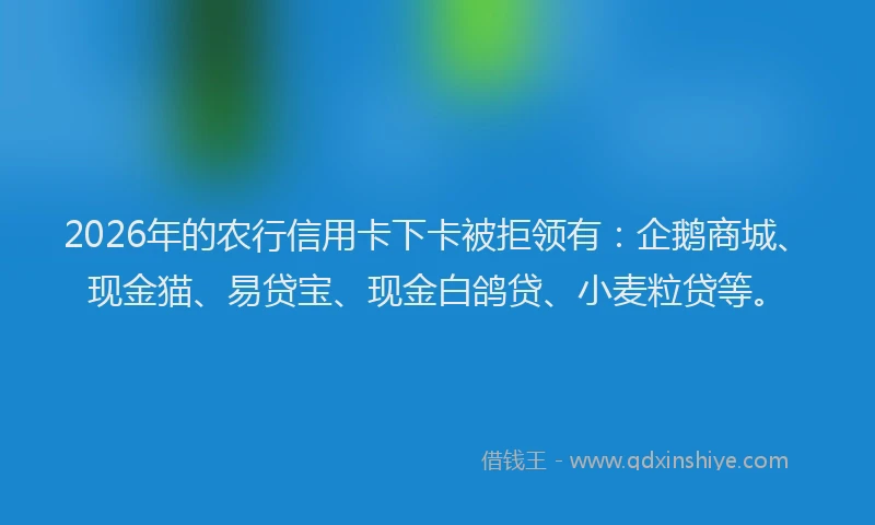 2026年的农行信用卡下卡被拒领有：企鹅商城、现金猫、易贷宝、现金白鸽贷、小麦粒贷等。