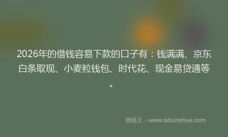 2026年的借钱容易下款的口子有：钱满满、京东白条取现、小麦粒钱包、时代花、现金易贷通等。