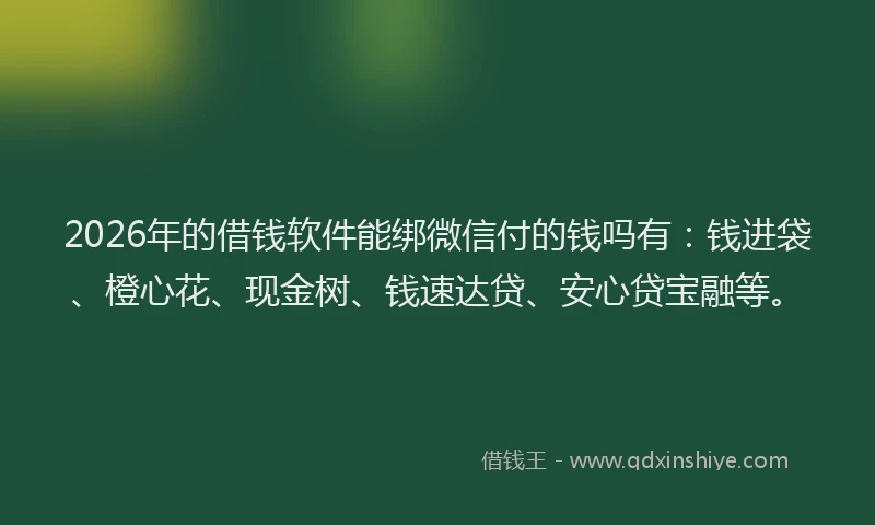 2026年的借钱软件能绑微信付的钱吗有：钱进袋、橙心花、现金树、钱速达贷、安心贷宝融等。