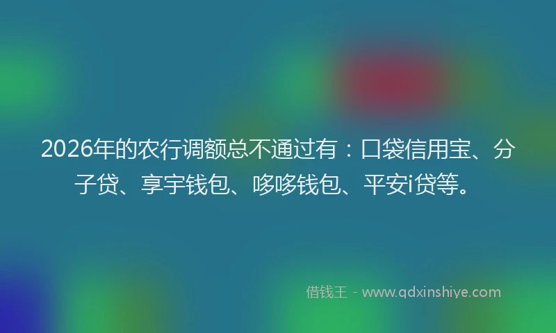 2026年的农行调额总不通过有：口袋信用宝、分子贷、享宇钱包、哆哆钱包、平安i贷等。