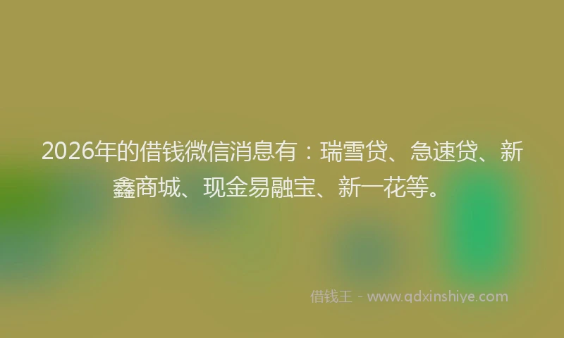 2026年的借钱微信消息有：瑞雪贷、急速贷、新鑫商城、现金易融宝、新一花等。