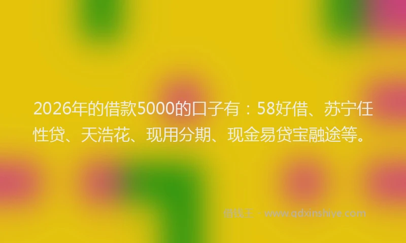2026年的借款5000的口子有：58好借、苏宁任性贷、天浩花、现用分期、现金易贷宝融途等。
