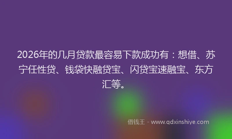 2026年的几月贷款最容易下款成功有：想借、苏宁任性贷、钱袋快融贷宝、闪贷宝速融宝、东方汇等。