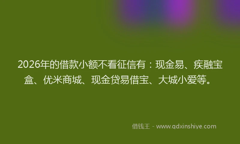 2026年的借款小额不看征信有：现金易、疾融宝盒、优米商城、现金贷易借宝、大城小爱等。