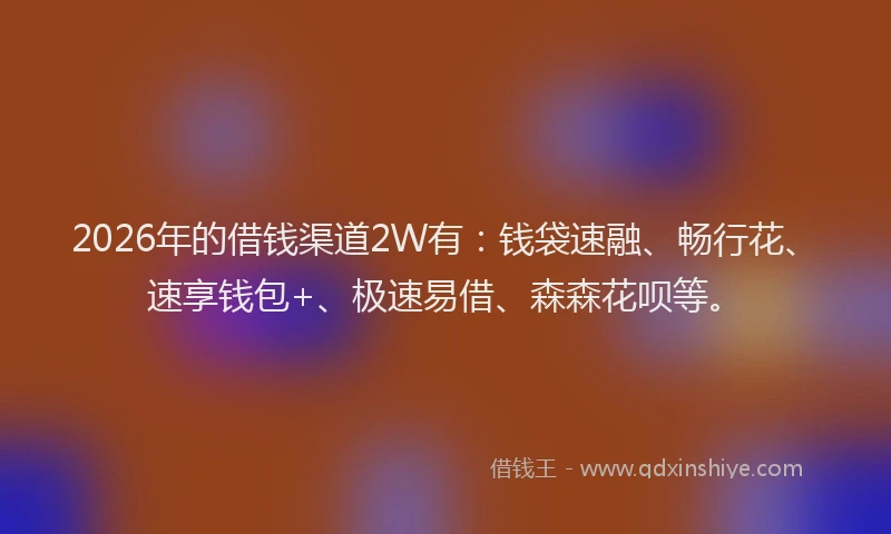 2026年的借钱渠道2W有：钱袋速融、畅行花、速享钱包+、极速易借、森森花呗等。