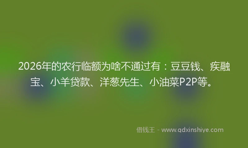 2026年的农行临额为啥不通过有：豆豆钱、疾融宝、小羊贷款、洋葱先生、小油菜P2P等。