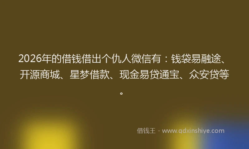2026年的借钱借出个仇人微信有：钱袋易融途、开源商城、星梦借款、现金易贷通宝、众安贷等。