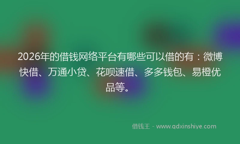 2026年的借钱网络平台有哪些可以借的有：微博快借、万通小贷、花呗速借、多多钱包、易橙优品等。