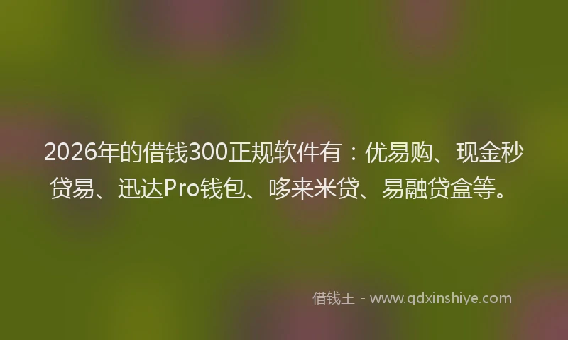 2026年的借钱300正规软件有：优易购、现金秒贷易、迅达Pro钱包、哆来米贷、易融贷盒等。