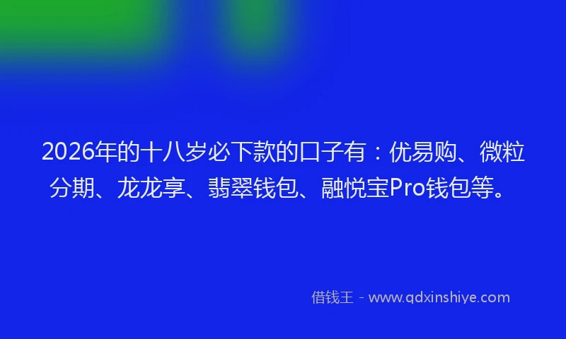 2026年的十八岁必下款的口子有：优易购、微粒分期、龙龙享、翡翠钱包、融悦宝Pro钱包等。