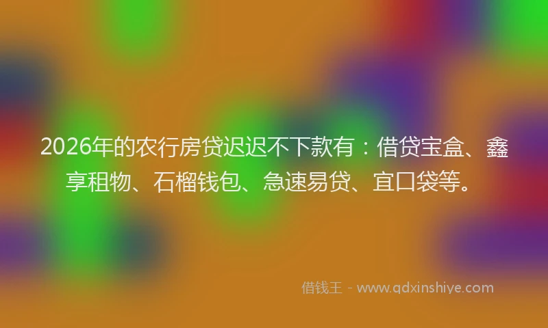 2026年的农行房贷迟迟不下款有：借贷宝盒、鑫享租物、石榴钱包、急速易贷、宜口袋等。