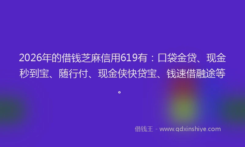2026年的借钱芝麻信用619有：口袋金贷、现金秒到宝、随行付、现金侠快贷宝、钱速借融途等。