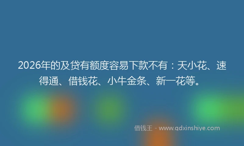 2026年的及贷有额度容易下款不有：天小花、速得通、借钱花、小牛金条、新一花等。