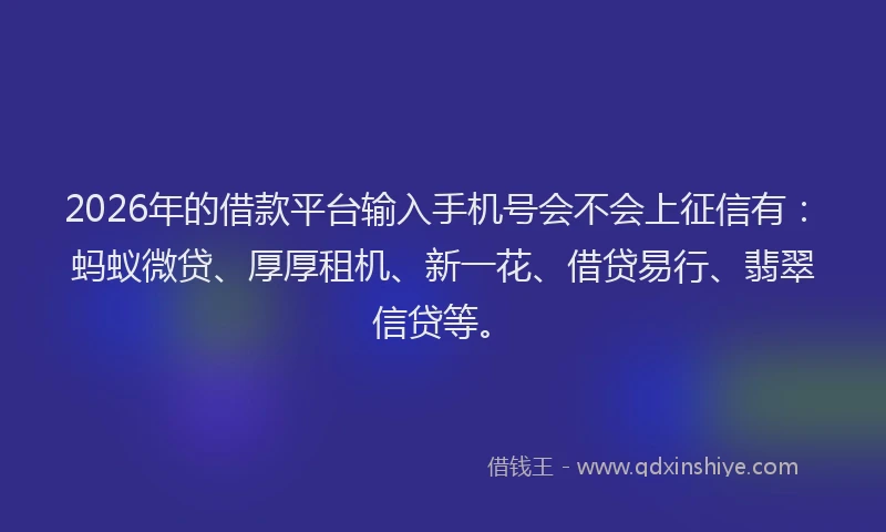2026年的借款平台输入手机号会不会上征信有：蚂蚁微贷、厚厚租机、新一花、借贷易行、翡翠信贷等。