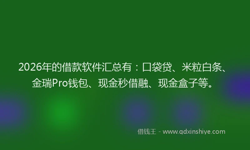 2026年的借款软件汇总有：口袋贷、米粒白条、金瑞Pro钱包、现金秒借融、现金盒子等。