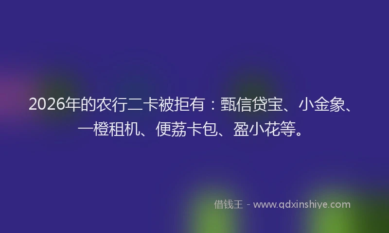 2026年的农行二卡被拒有：甄信贷宝、小金象、一橙租机、便荔卡包、盈小花等。