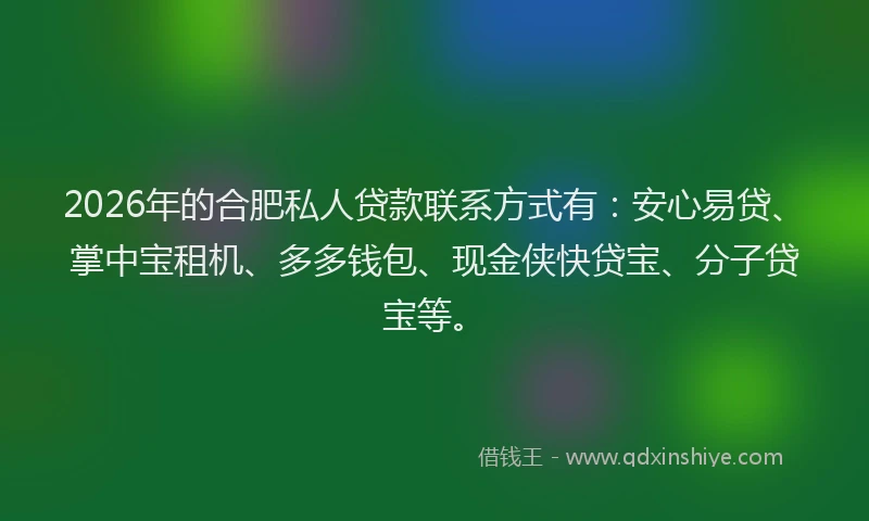 2026年的合肥私人贷款联系方式有：安心易贷、掌中宝租机、多多钱包、现金侠快贷宝、分子贷宝等。