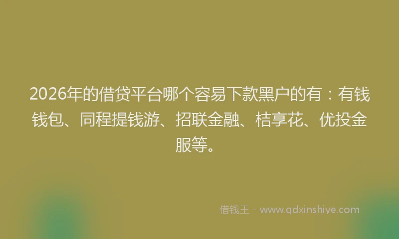 2026年的借贷平台哪个容易下款黑户的有：有钱钱包、同程提钱游、招联金融、桔享花、优投金服等。