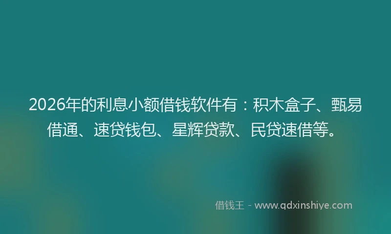 2026年的利息小额借钱软件有：积木盒子、甄易借通、速贷钱包、星辉贷款、民贷速借等。