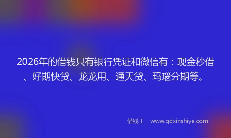 2026年的借钱只有银行凭证和微信有：现金秒借、好期快贷、龙龙用、通天贷、玛瑙分期等。
