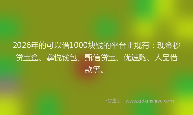2026年的可以借1000块钱的平台正规有：现金秒贷宝盒、鑫悦钱包、甄信贷宝、优速购、人品借款等。