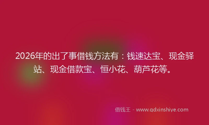 2026年的出了事借钱方法有：钱速达宝、现金驿站、现金借款宝、恒小花、葫芦花等。