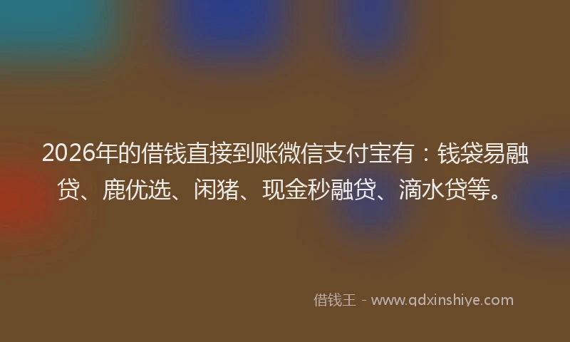 2026年的借钱直接到账微信支付宝有：钱袋易融贷、鹿优选、闲猪、现金秒融贷、滴水贷等。